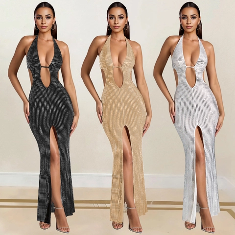 Abito Maxi da Donna Sexy Scollo Americana Lussuosi Strass Taglio Spacco Alto Schiena Scoperta Abito da Sera Elegante Slim Fit