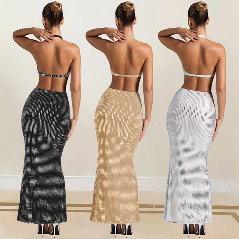 Abito Maxi da Donna Sexy Scollo Americana Lussuosi Strass Taglio Spacco Alto Schiena Scoperta Abito da Sera Elegante Slim Fit