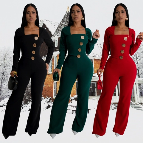 Elegant Women Long Sleeve Square Neck Jumpsuit Gold Button Decor Slim Fit Wide Leg Solid Color Professional Office One Piece Suit