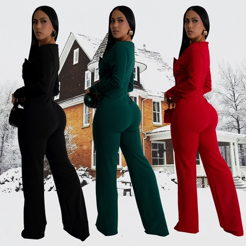 Elegant Women Long Sleeve Square Neck Jumpsuit Gold Button Decor Slim Fit Wide Leg Solid Color Professional Office One Piece Suit