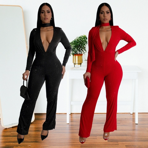 Women Sexy Deep V Neck Rhinestone Jumpsuit Long Sleeve With Choker Party Night Out Flare Long Romper Solid Slim Fit Suit