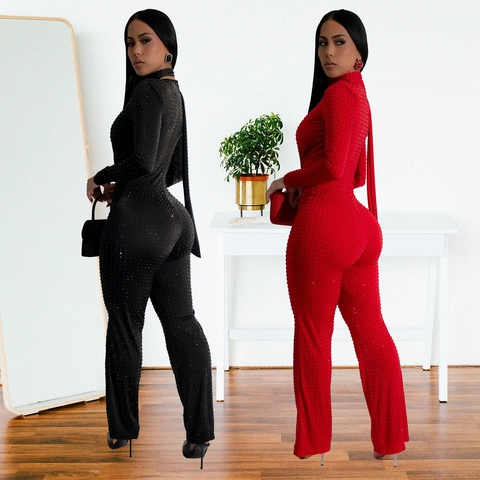 Women Sexy Deep V Neck Rhinestone Jumpsuit Long Sleeve With Choker Party Night Out Flare Long Romper Solid Slim Fit Suit