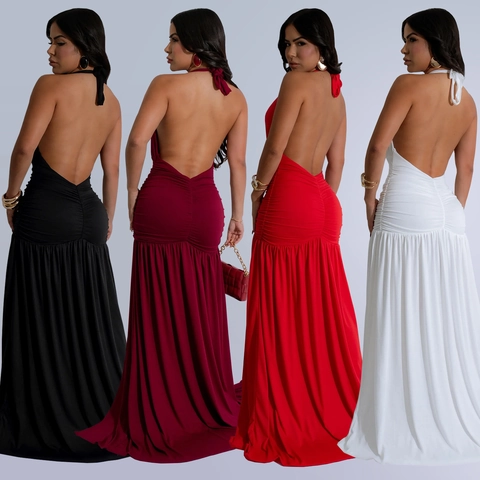 Damen Sexy Halter Deep V Ausschnitt Maxi Kleid Gerafft Ärmellos Rückenfrei Hohen Schlitz Formelle Abendparty Club Langes Kleid