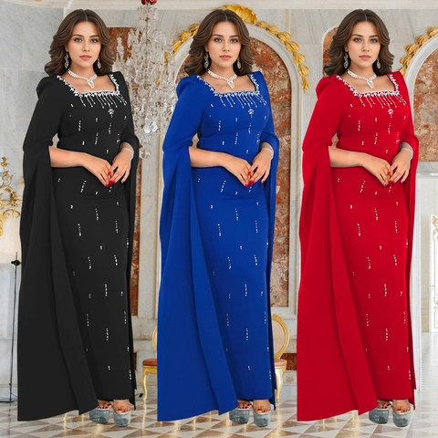 Abito da Sera Donna Elegante con Maniche a Mantella e Strass Slim Fit Scollo Quadrato Spacco Posteriore Lungo per Banchetto Matrimonio