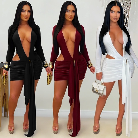 Sexy Deep V Neck Long Sleeve Cut Out Ruched Bodycon Mini Dress With Long Streamers Elegant Party Clubwear Dress For Women