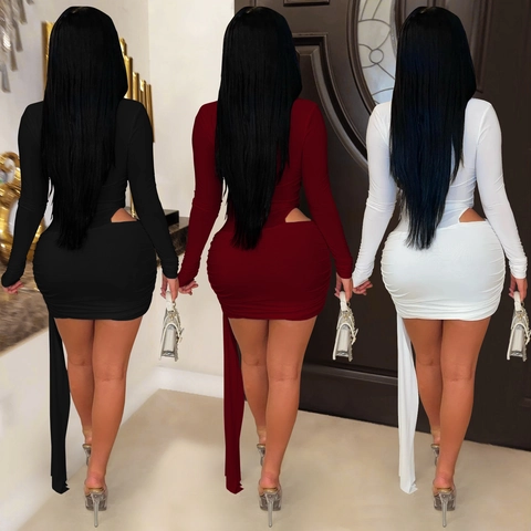 Sexy Deep V Neck Long Sleeve Cut Out Ruched Bodycon Mini Dress With Long Streamers Elegant Party Clubwear Dress For Women