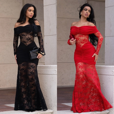 Γυναικείο Σέξι Έξω οι Ώμοι Δαντέλα Patchwork Mermaid Maxi Φόρεμα Πτυχωτό Μακρυμάνικο Εφαρμοστό Βραδινό Φόρεμα για Γάμο
