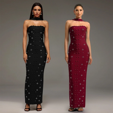 Elegante Abito Lungo Aderente Senza Spalline Con Girocollo Strass Perline Schiena Scoperta Spacco Festa Cerimonia Donna