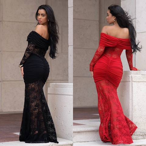 Γυναικείο Σέξι Έξω οι Ώμοι Δαντέλα Patchwork Mermaid Maxi Φόρεμα Πτυχωτό Μακρυμάνικο Εφαρμοστό Βραδινό Φόρεμα για Γάμο