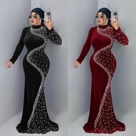 Elegantes Samt Strass Abendkleid Langarm Meerjungfrau Maxi Kleid Für Damen Hochzeit Party Bankett Formelles Kleid