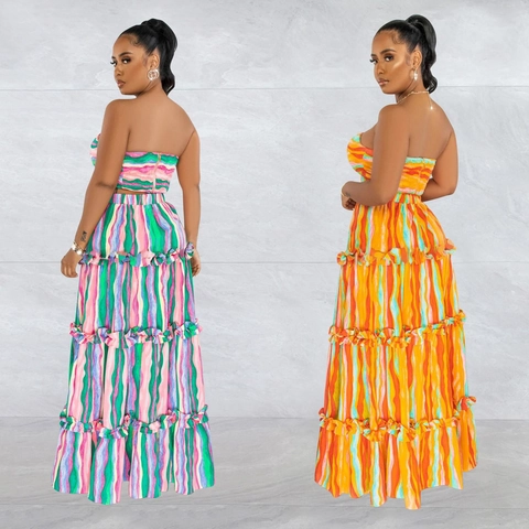 Bohemian Multi-Color Vertical Striped Top And Tiered Ruffle Maxi Skirt For Women Summer Vacation Beachwear Ethnic Style Clothing