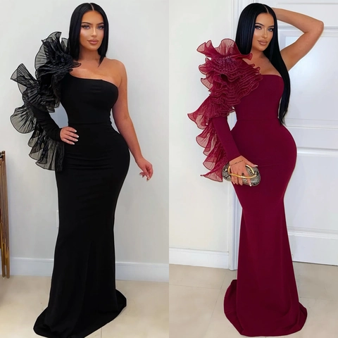 One Shoulder Ruffle Mermaid Evening Dress Slim Fit Floor Length Formal Party Gown Elegant Polyester Spandex Maxi Dress