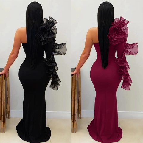 One Shoulder Ruffle Mermaid Evening Dress Slim Fit Floor Length Formal Party Gown Elegant Polyester Spandex Maxi Dress