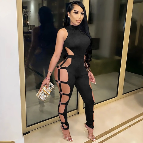 Damen Sexy Polyester Cut-out Jumpsuit Ärmellos Stehkragen Rückenfrei Bodycon Romper Clubwear Jumpsuit Mit Metallring-Detail