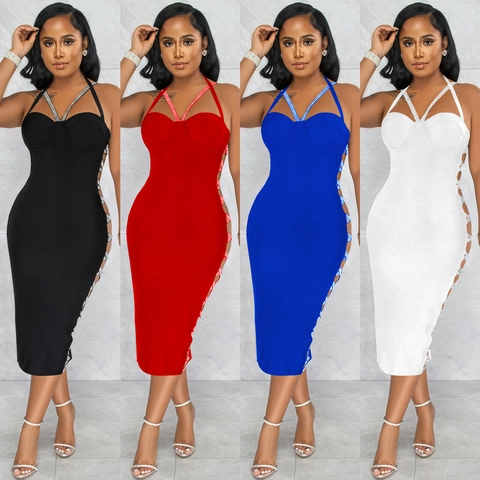 Sexy Halterhals Rückenfrei Bodycon Midi Kleid Damen Strass Seitenausschnitt Überkreuz Party Clubwear Elegantes Abendkleid