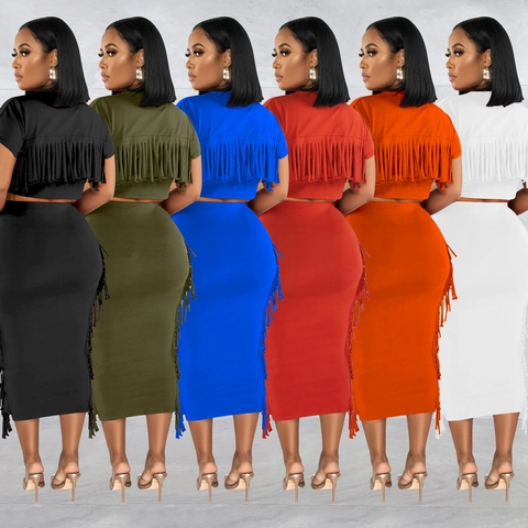 Women's Elegant Polyester Spandex Crop Top And Fringe Midi Skirt Outfits Solid Color Round Neck Short Sleeve Club Set
