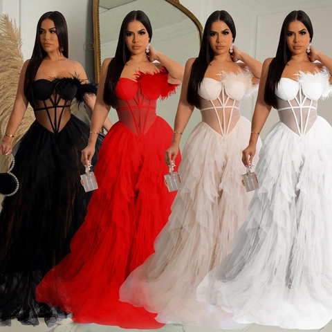 Elegant Strapless Feather Mesh Tiered Maxi Dress Corset Waist Evening Party Prom Formal Gown For Women Wedding Guest