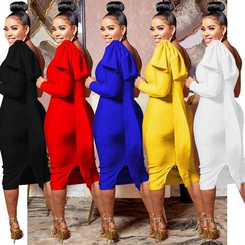 Eleganter One-Shoulder-Midi-Bodycon-Kleid mit Großer Schleife und Blumen-Gürtel für Damen Abendparty-Bankett
