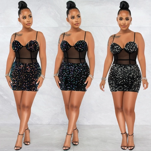Abito Mini da Donna Sexy in Patchwork di Paillettes e Rete Spalline Sottili Slim Fit Cerniera Posteriore Stile Corsetto Party