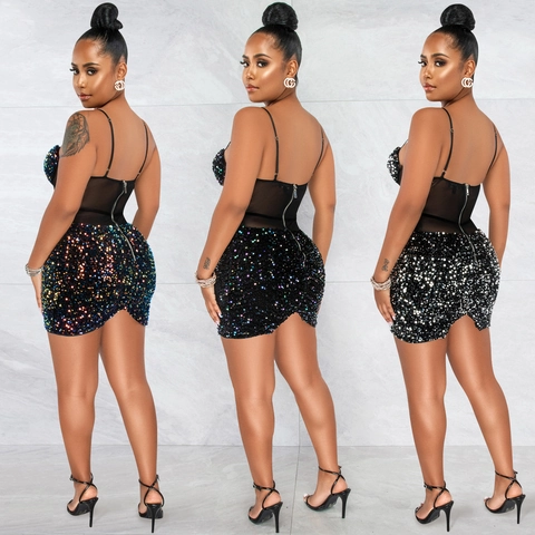 Abito Mini da Donna Sexy in Patchwork di Paillettes e Rete Spalline Sottili Slim Fit Cerniera Posteriore Stile Corsetto Party