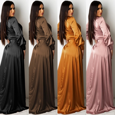 Eleganter Satin Maxi Kleid Mit Tiefem V-Ausschnitt Sexy Langarm Hoher Schlitz Wickelkleid Abendparty Bankett Damen Mode