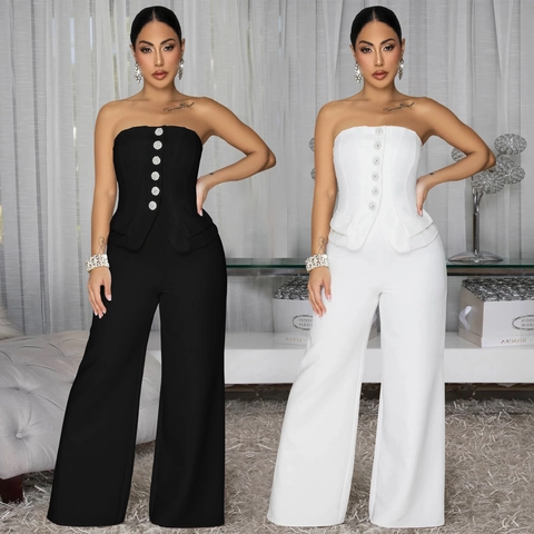 Women Strapless Wide Leg Jumpsuit Sexy Backless Peplum Romper Rhinestone Buttons Solid Color Elegant Party Outfit