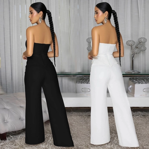 Women Strapless Wide Leg Jumpsuit Sexy Backless Peplum Romper Rhinestone Buttons Solid Color Elegant Party Outfit