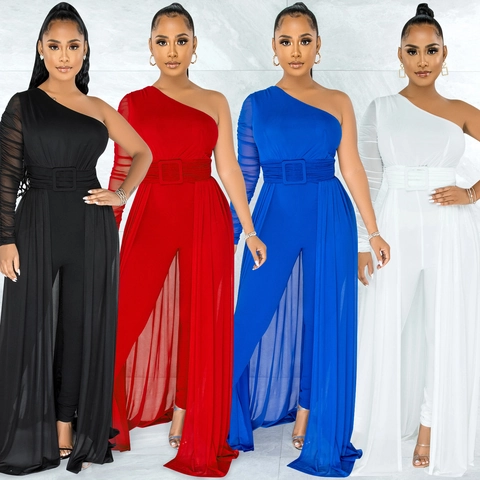Women Sexy One Shoulder Mesh See Through Jumpsuit Solid Color Long Sleeve Patchwork Romper Elegant Party Clubwear Overall With Belt