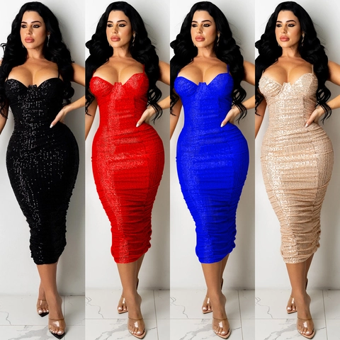 Women's Sexy Spaghetti Strap Sequin Midi Dress Bodycon V-Neck Back Slit Party Clubwear Night Out Dress Patchwork Dress