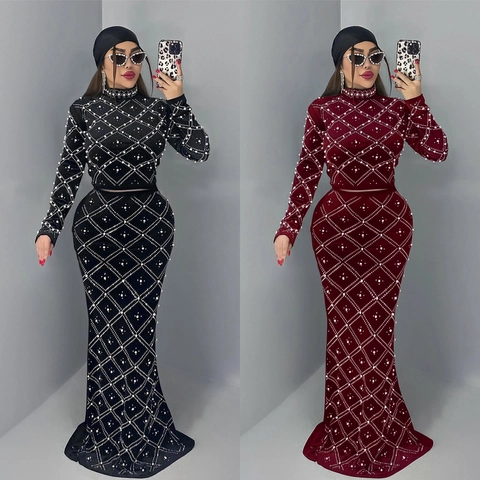 Elegante Completo Donna Top Corto In Velluto E Gonna Maxi A Sirena Strass Perla Artificial Griglia Rombica Manica Lunga Abito Da Sera