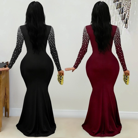 Elegante Vestito da Sera da Donna a Sirena con Collo Alto e Maniche Lunghe con Strass e Künstliche Perle Sfumate per Feste Formali