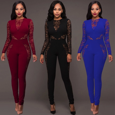 Damen Sexy Spitze Patchwork Langarm Jumpsuit Rundhals Rückreißverschluss Slim Fit Elegant Bodycon Einteiler Lange Romper Hose