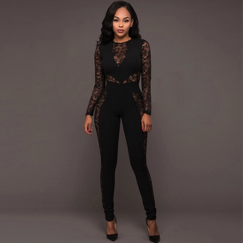 Damen Sexy Spitze Patchwork Langarm Jumpsuit Rundhals Rückreißverschluss Slim Fit Elegant Bodycon Einteiler Lange Romper Hose