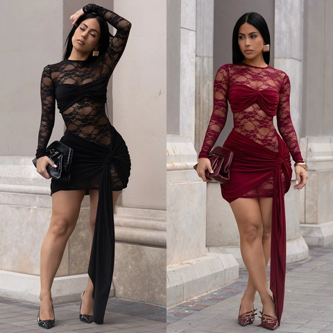 Abito da Donna Sexy con Patchwork in Pizzo Manica Lunga Mini Abito Aderente Increspato per Festa Discoteca Nero Bordeaux