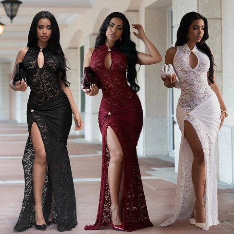 Damen Sexy Spitze Hohl Geschnitten Schlitz Slim Fit Abendkleid Neckholder Ärmellos Gerafft Maxi Kleid Hochzeit Party Bankett