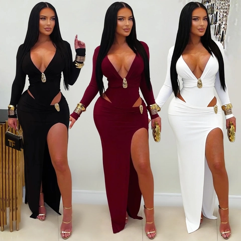 Sexy V-Neck Long Sleeve Cut-out Maxi Dress High Slit Gold Buckle Party Evening Banquet Solid Color Elegant Formal Dress