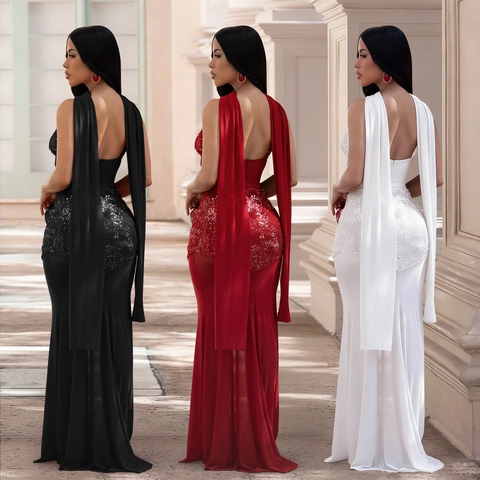 Women Sexy V Neck Sequin Mesh Patchwork Evening Dress Sleeveless Backless Mermaid Floor Length Party Gown With Scarf
