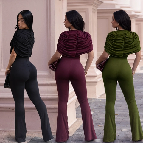 Mono de Mujer Fruncido Ajuste Ceñido Elegante Manga Corta Pierna Acampanada Color Sólido Pantalón Largo Bodycon