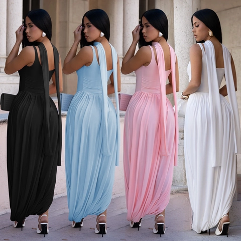 Sexy Ärmellos Hoher Schlitz Maxi Kleid Outfit Mit Schärpe Plissee Slim Fit Damen Einfarbig Bankett Party Abend Outfit