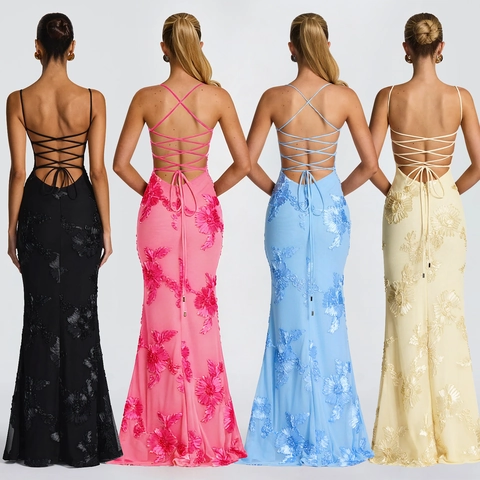 Damen Sexy 3D Blumen Applikation Spaghetti Träger Abendkleid Rückenfrei Schnürung Meerjungfrau Maxi Bankett Party Kleid
