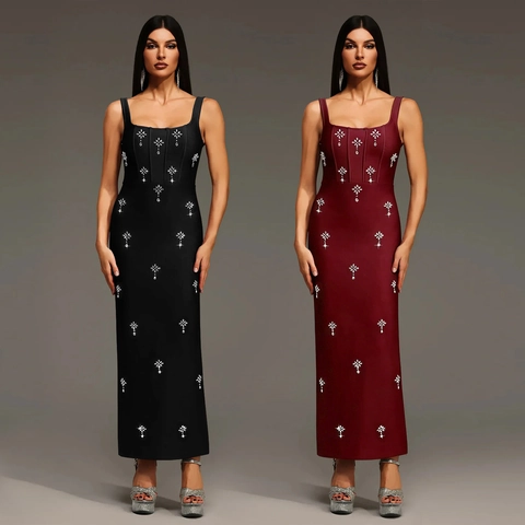 Women's Elegant Rhinestone Backless Long Dress Slim Fit Square Neck Sleeveless Evening Party Dress Polyester Maxi Gown