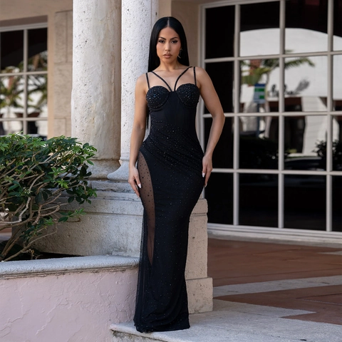 Elegante Vestito Lungo da Donna con Spalline Sottili e Strass Patchwork in Rete Bodycon Abito da Sera per Banchetti Feste Matrimoni