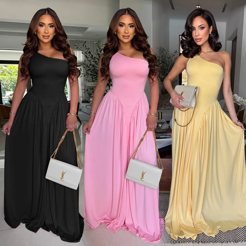 Elegantes One Shoulder Maxi Kleid Für Damen Plissierter Großer Saum Rückenfrei Slim Fit Einfarbig Abendkleid Langes Kleid