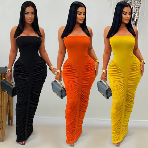 Vestido Maxi Ajustado Sexy con Volantes para Mujer Palabra de Honor Sin Mangas Elegante Color Sólido Vestido de Fiesta