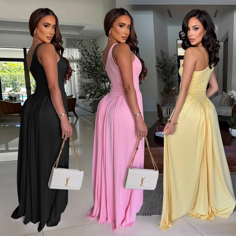 Elegantes One Shoulder Maxi Kleid Für Damen Plissierter Großer Saum Rückenfrei Slim Fit Einfarbig Abendkleid Langes Kleid