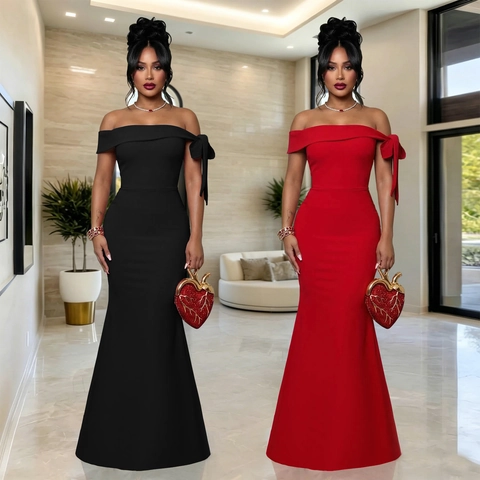 Elegant Schulterfrei Fischschwanz Abendkleid Schleife Akzent Schlanke Passform Maxi Gown Damen Hochzeit Party Formelle Veranstaltung