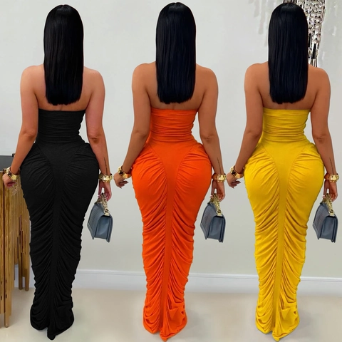 Vestido Maxi Ajustado Sexy con Volantes para Mujer Palabra de Honor Sin Mangas Elegante Color Sólido Vestido de Fiesta
