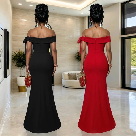 Elegant Schulterfrei Fischschwanz Abendkleid Schleife Akzent Schlanke Passform Maxi Gown Damen Hochzeit Party Formelle Veranstaltung
