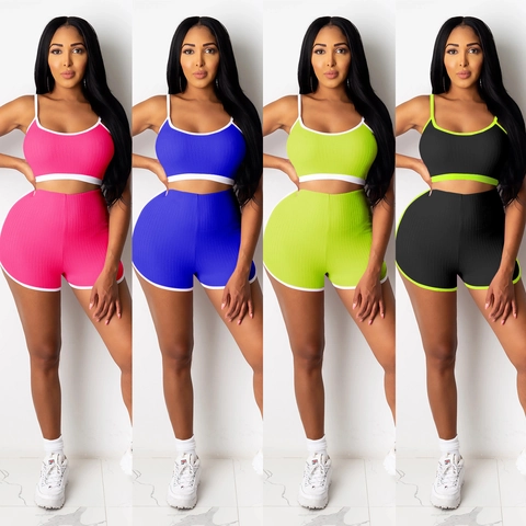 Dames Casual Sport Tweedelige Set Geribbelde Crop Top En Shorts Met Hoge Taille Yoga Workout Outfit