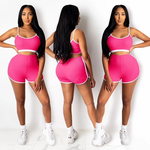 Ensemble Deux Pièces Sport Décontracté pour Femmes Crop Top Côtelé et Short Taille Haute Tenue de Yoga